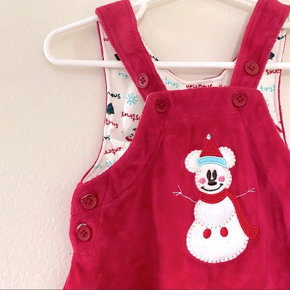 Disney Mickey Mouse Snowman Winter Christmas Holiday Red Velvet Overalls 6M - Picture 2 of 6